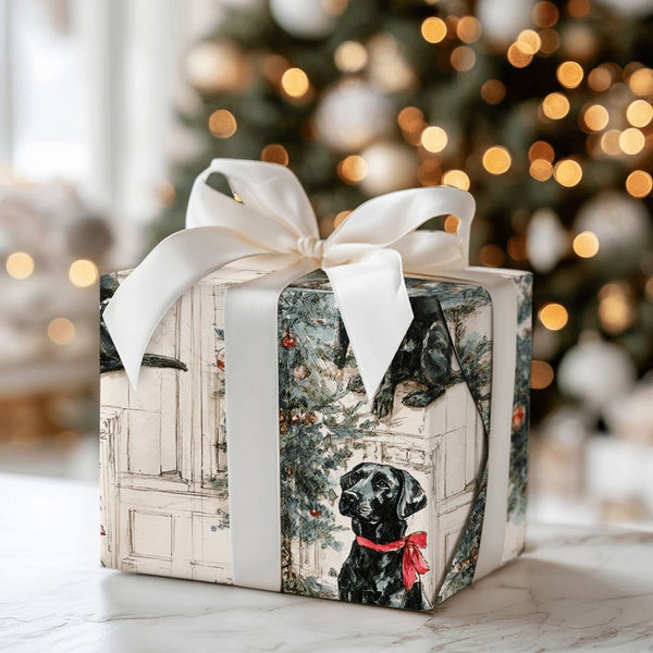 Dog with Tree Holiday Gift Wrap, Black Labrador Christmas Wrapping Paper, Watercolor Pet Wrapping Paper, Dog Lover Xmas Prese