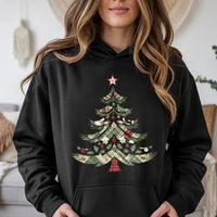 Festive Holiday Graphic Hooded Sweatshirt, Vintage Plaid Christmas Tree Hoodie, Comfy Winter Tree Pullover, Xmas Holiday Season Present