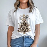 Festive Polka Dot Bow Shirt, Leopard Print Christmas Tree T-Shirt, Adorable Winter Holiday Graphic Tee, Retro Xmas Tree T-Shirt, Womens Present