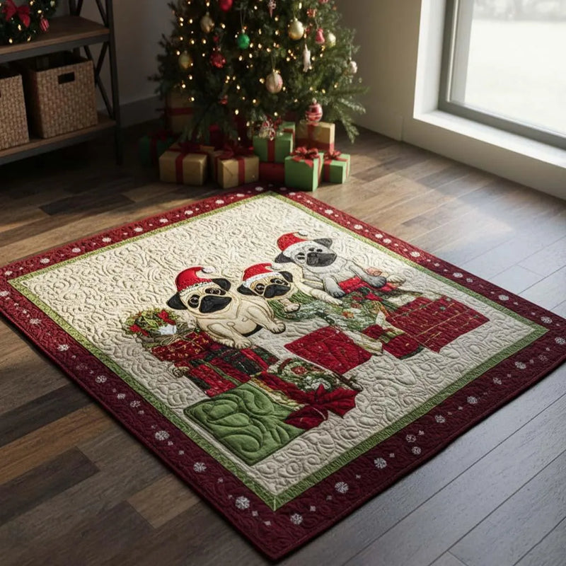 Santa Hat Dog Holiday Area Rug, Christmas Pug Area Rug, Adorable Puppy Living Room Floor Rug, Washable Non Slip Accent Rug, Dog Lover Home Present