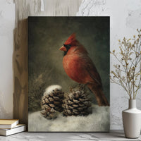 Snowy Pinecone Winter Canvas Print, Red Cardinal Canvas Wall Art, Rustic Bird Nature Art Canvas, Christmas Holiday Wall Decor