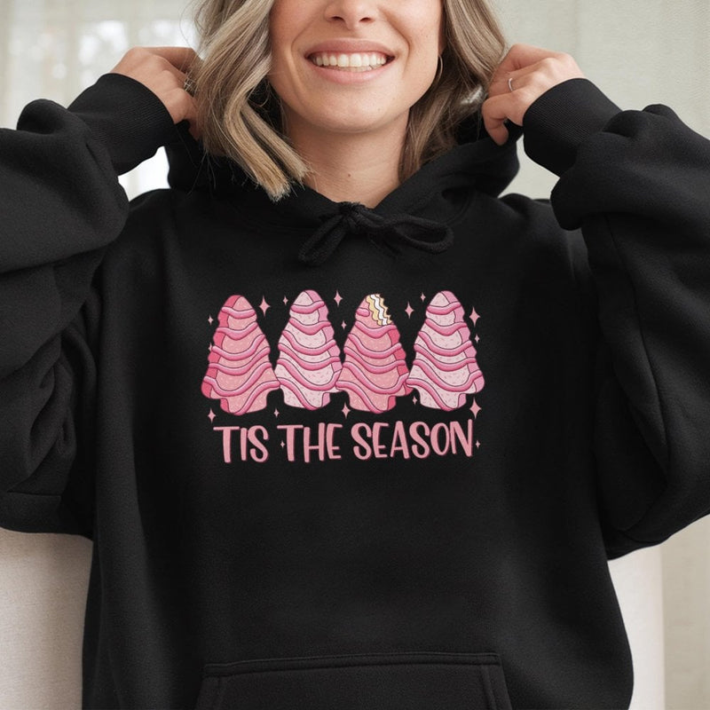 Tis the Season Sweatshirt, Pink Christmas Tree Cake Hoodie, Retro Holiday Cake Pullover, Comfy Xmas Hooded Sweater Present for Her