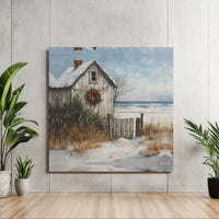 Snowy Seaside Shack Painting Print, Coastal Christmas Beach Cottage Canvas Art, Nautical Holiday Wall Decor, Winter Digital Download