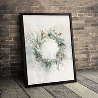 Red Berry Pine Botanical Canvas Print, Watercolor Winter Wreath Canvas Wall Art, Holiday Christmas Canvas Decor, Digital Download Wall Art