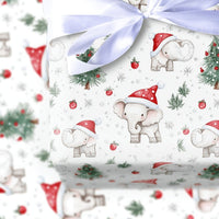 Santa Hat Holiday Gift Wrap, Baby Elephant Christmas Wrapping Paper, Adorable Watercolor Animal Wrapping Paper, Kids Christmas Gift Wrap Roll