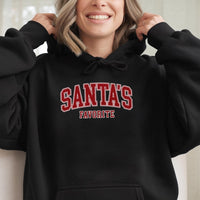 Retro Varsity Christmas Sweatshirt, Santa's Favorite Hoodie, Humorous Xmas Quote Pullover, Festive Holiday Season Party Hooded Sweater