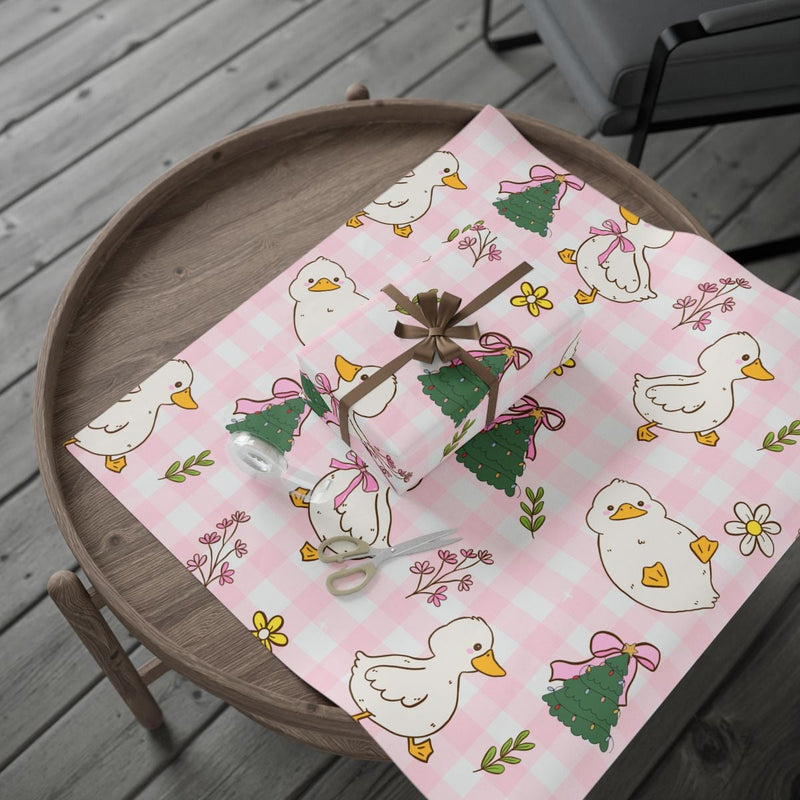 Christmas Gingham Trees Pink Bows Gift Wrap, Adorable Duck Wrapping Paper, Holiday Duck Wrapping Paper Roll