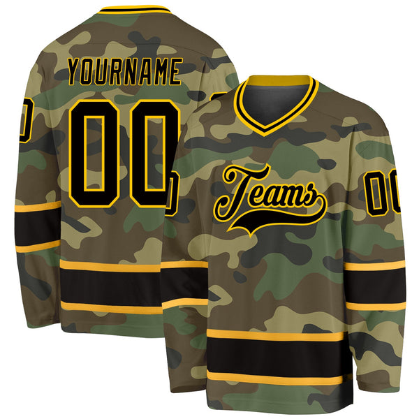Custom Hockey Jersey - Camo Black-Gold Salute To Service