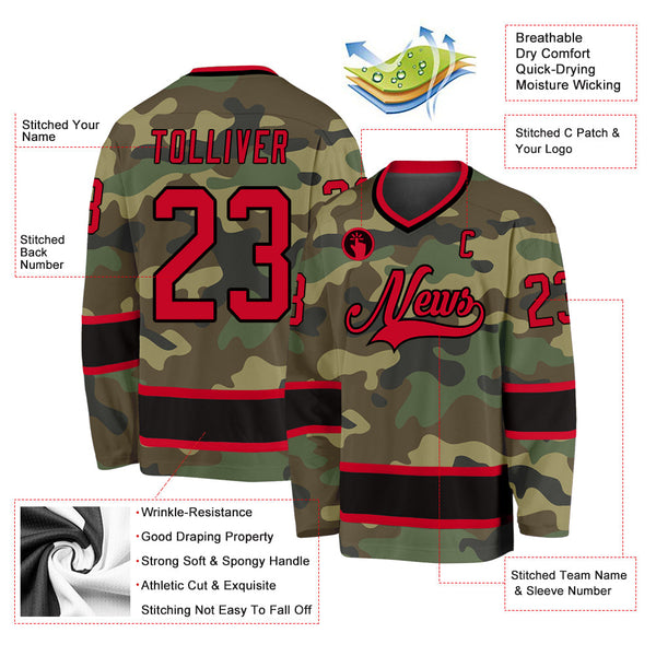 Custom Hockey Jersey - Camo Red-Black Salute To Service