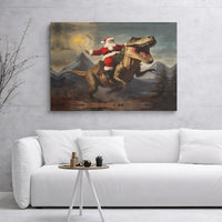 Humorous Dinosaur Christmas Wall Art, Santa Riding T-Rex Canvas Print, Humorous Santa TRex Canvas Decor, Unique Holiday Dino Present