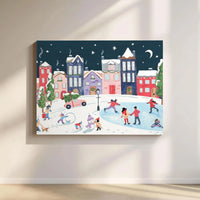 Winter Night Canvas Print, Christmas Village Canvas Wall Art, Ice Skating Town Wall Canvas, Whimsical Holiday Decor, Comfy Winter Season Present