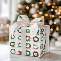 Vintage Christmas Stamp Gift Wrap, Holiday Wreath Poinsettia Wrapping Paper, Floral Botanical Wrapping Paper, Holiday Season Gift Wrap Roll