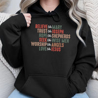 Retro Faith Based Hoodie, Believe Like Mary Christmas Hoodie, Christian Typography Pullover Hoodie, Religious Holiday Hooded Sweatshirt