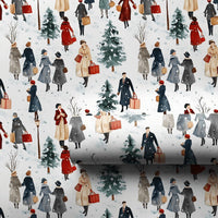 Winter Shoppers Gift Wrap, Watercolor Christmas Wrapping Paper, Snowy Village Holiday Wrapping Paper, Vintage Town Gift Wrap Roll