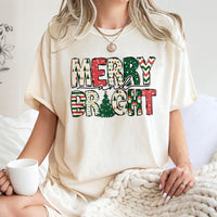 Festive Pattern Holiday T-Shirt, Merry and Bright Christmas T-Shirt, Adorable Winter Christmas T-Shirt, Merry Xmas Tee, Holiday Present for Women