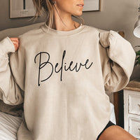 Minimalist Script Xmas Holiday Sweater, Believe Christmas Sweatshirt, Festive Winter Aesthetic Crewneck, Comfy Christmas Graphic Pullover
