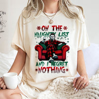 Naughty List Horror Graphic Tee, Slasher Movie Christmas T-Shirt, Humorous Creepmas Holiday Shirt, Retro Slasher Shirt, Horror Fan Xmas Present