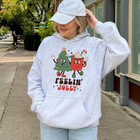 Feelin' Jolly Tree Cocoa Pullover, Retro Christmas Hoodie, Adorable Vintage Holiday Graphic Hooded Sweatshirt, Comfy Winter Season Apparel