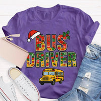 Santa Hat Bus Driver Graphic Tee, School Bus Driver Christmas T-Shirt, Humorous Holiday Driver Shirt, Transportation Staff Xmas Present