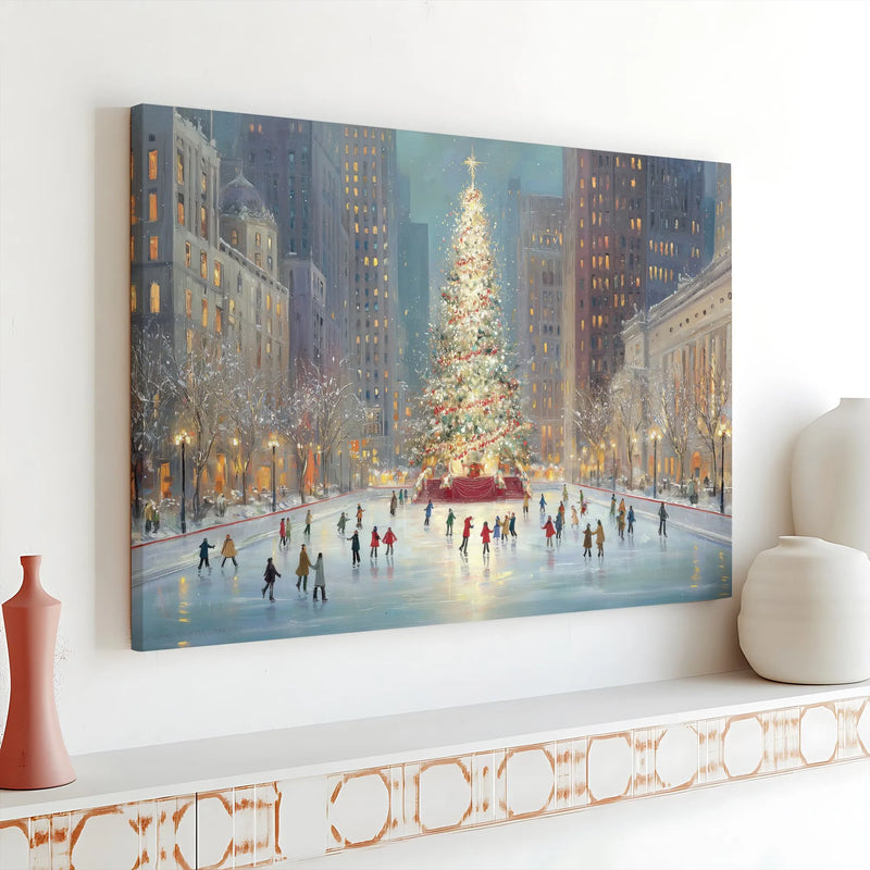 Winter Holiday Canvas, Christmas Tree Ice Skating Canvas Print, Festive City Scene Canvas Wall Art, Seasonal Home Decor, Holiday Present
