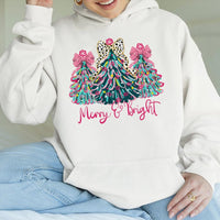 Coquette Bow Christmas Tree Hooded Sweatshirt, Merry and Bright Hoodie, Preppy Holiday Graphic Pullover, Adorable Girly Winter Aesthetic Jumper
