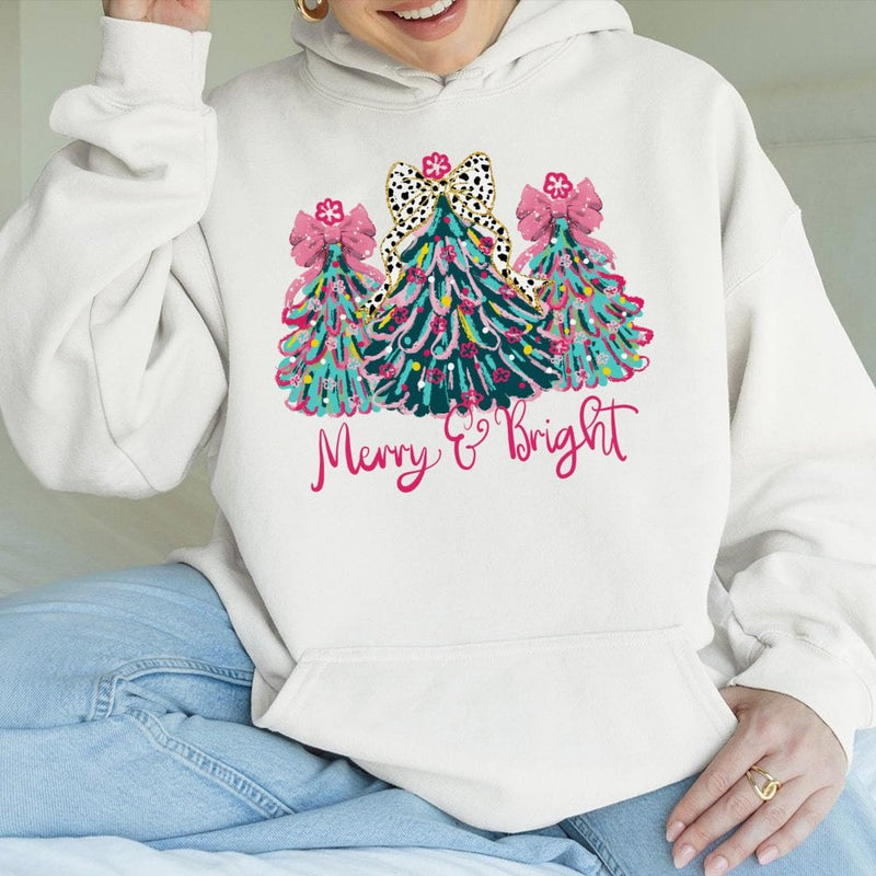 Coquette Bow Christmas Tree Hooded Sweatshirt, Merry and Bright Hoodie, Preppy Holiday Graphic Pullover, Adorable Girly Winter Aesthetic Jumper