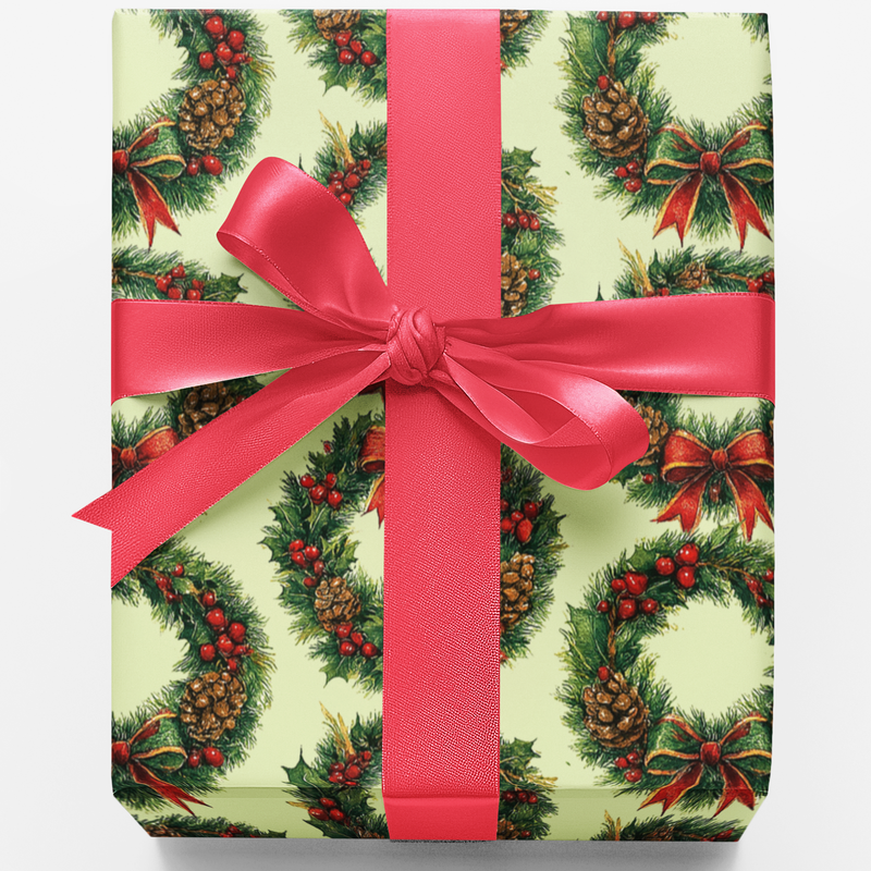 Pine Cone Holiday Gift Wrap, Christmas Wreath Wrapping Paper, Winter Botanical Wrapping Paper, Holiday Gift Wrap Roll, Seasonal Present Paper