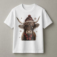Santa Hat Cow T-Shirt, Christmas Highland Cow Shirt, Plaid Bow Holiday Tee, Farmhouse Christmas T-Shirt, Festive Cow Graphic Shirt
