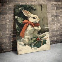 White Rabbit with Red Bow Wall Art, Vintage Christmas Bunny Canvas, Festive Holiday Woodland Canvas Print, Winter Animal Wall Decor