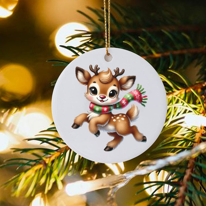 Cartoon Deer with Scarf Ornament, Adorable Baby Reindeer Christmas Ornament, Festive Ceramic Tree Ornament, Holiday Keepsake Decoration Present