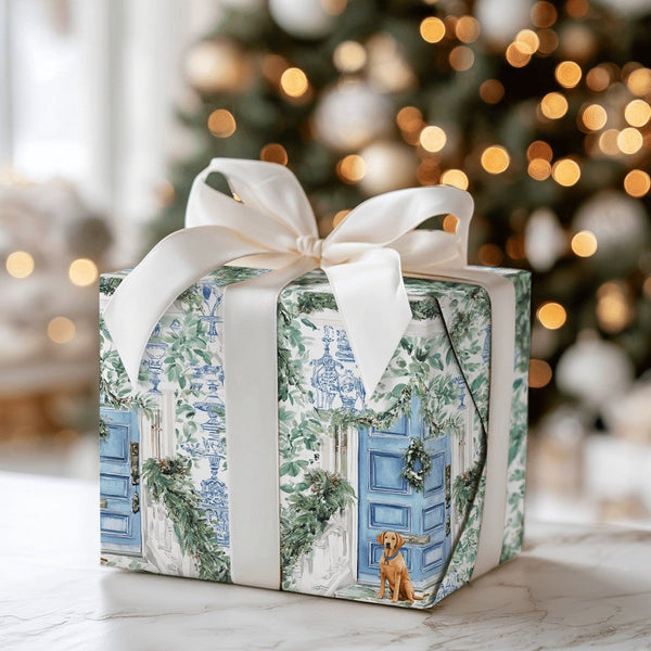 Blue Door Holiday Gift Wrap, Chinoiserie Dog Christmas Wrapping Paper, Watercolor Dog Wrapping Paper, Festive Puppy Holiday G