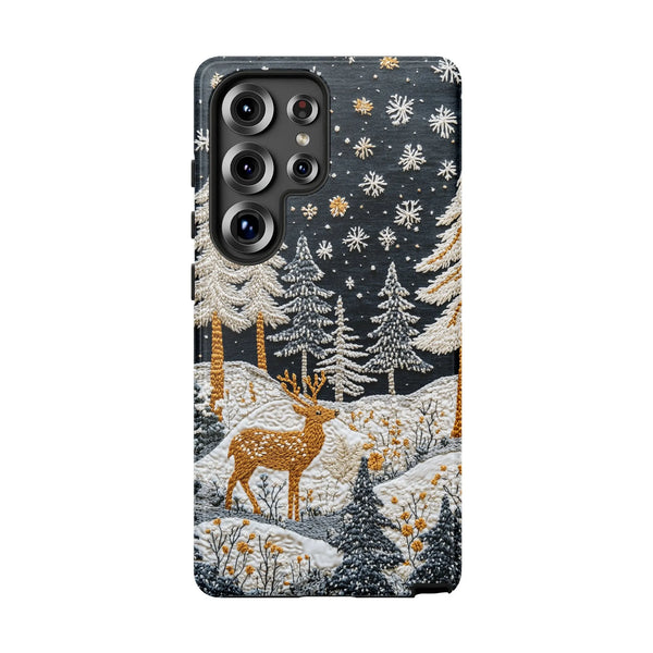 Snowy Forest Textured Stitch Look Phone Cover, Winter Deer Samsung Galaxy Phone Case, Comfy Christmas Dual Layer Tough Phone 