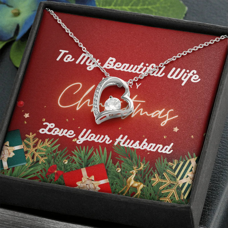 14K White Gold Finish Heart Pendant Necklace, Forever Love Heart Necklace, Romantic Christmas Present for Wife from Husband, Holiday Jewelry