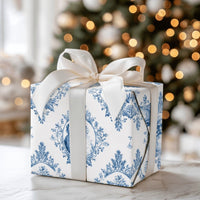 Blue and White Toile Damask Gift Wrap, Vintage Santa Wrapping Paper, Elegant French Country Wrapping Paper, Holiday Christmas Present Wrap
