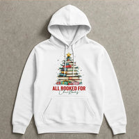Festive Book Tree Graphic Sweatshirt, All Booked for Christmas Hoodie, Adorable Bookish Holiday Pullover, Librarian Christmas Hoodie