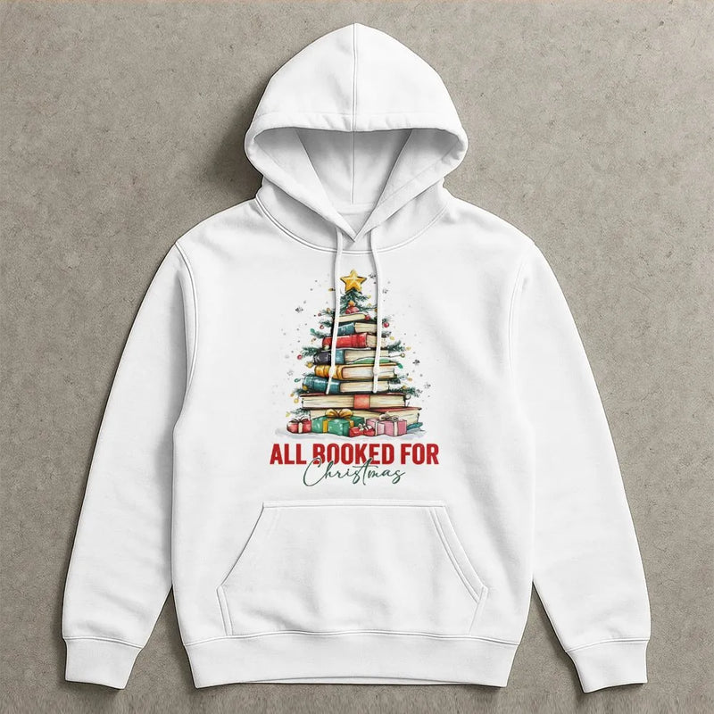 Festive Book Tree Graphic Sweatshirt, All Booked for Christmas Hoodie, Adorable Bookish Holiday Pullover, Librarian Christmas Hoodie