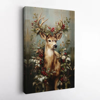 Christmas Pinecone Winter Stag Canvas Print, Majestic Deer Holly Canvas Wall Art, Rustic Holiday Cabin Decor, Farmhouse Nature Art