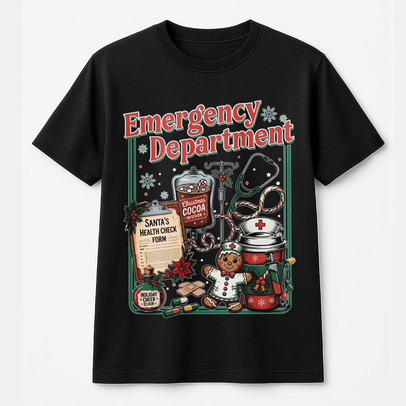 Festive ER Nurse Graphic Tee, Emergency Department Christmas T-Shirt, Hospital Medical Staff Holiday Shirt, Adorable Registered Nurse Xmas Present