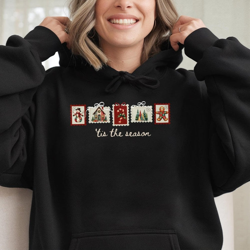 Vintage Holiday Postage Stamp Sweatshirt, Retro Christmas Stamp Hoodie, Comfy Tis the Season Graphic Hooded Pullover, Xmas Winter Present