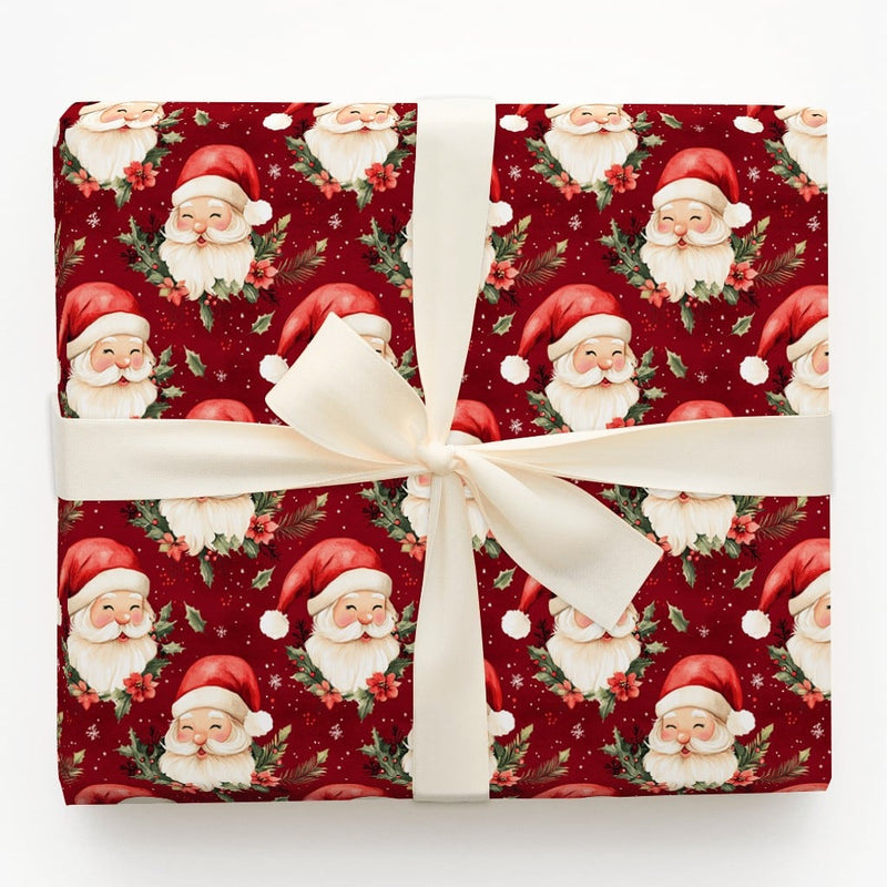 Vintage Christmas Gift Wrap, Jolly Santa Claus Wrapping Paper, Winking Santa Holiday Wrapping Paper, Red Poinsettia Gift Wrap Roll