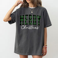 Green Buffalo Plaid Holiday Shirt, Merry Christmas T-Shirt, Retro Varsity Lettering Graphic Tee, Festive Winter T-Shirt, Family Xmas Present