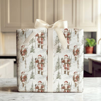 Snowy Forest Christmas Gift Wrap, Vintage Hiking Santa Wrapping Paper, Watercolor Santa Claus Present Paper, Rustic Holiday Present Paper Roll