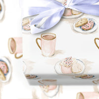 Pink Mug Cookie Gift Wrap, Watercolor Hot Cocoa Wrapping Paper, Holiday Sweets Wrapping Paper, Adorable Baker Christmas Wrapping Paper