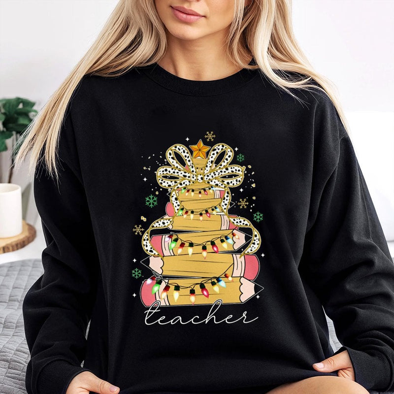 Pencil Tree Coquette Bow Sweater, Teacher Christmas Sweatshirt, Adorable School Holiday Crewneck, Retro Teacher Xmas Sweatshirt, Educator Present