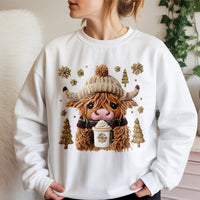 Winter Cow Coffee Sweatshirt, Highland Cow Christmas Sweatshirt, Festive Animal Holiday Sweatshirt, Xmas Cow Lover Crewneck, Winter Present