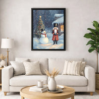 Snowy Winter Scene Canvas Print, Nutcracker and Snowman Christmas Wall Art, Whimsical Holiday Canvas Decor, Festive Christmas Present