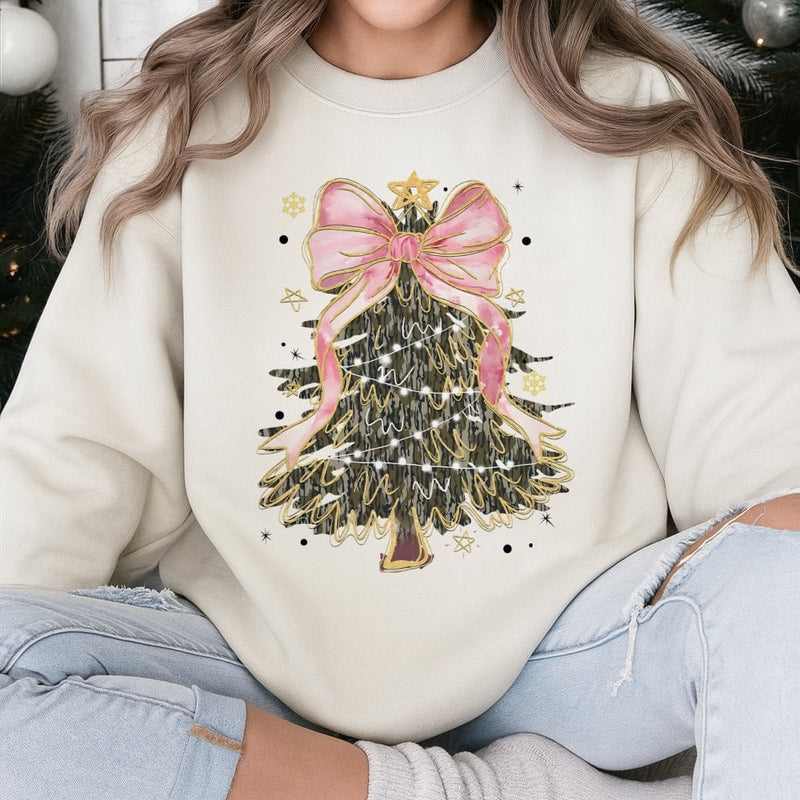 Coquette Pink Bow Xmas Sweater, Camo Christmas Tree Sweatshirt, Camo Tree Holiday Crewneck, Adorable Winter Camo Pullover, Xmas Present for Her