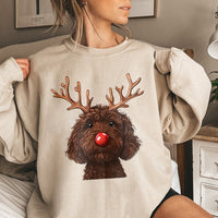 Humorous Christmas Dog Crewneck, Chocolate Doodle Reindeer Sweatshirt, Goldendoodle Holiday Pullover, Pet Lover Xmas Sweater, Dog Mom Present