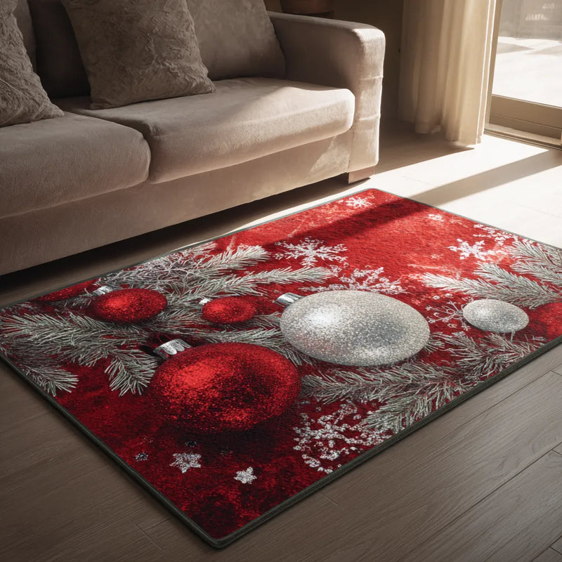 Red Ornament Snowflake Holiday Rug, Silver Bliss Christmas Area Rug, Winter Xmas Tree Bauble Floor Rug, Festive Living Room Mat