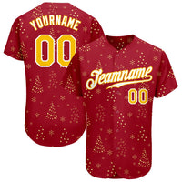 Red and Gold Snow Holiday Jersey Shirt, Custom Christmas Baseball Jersey, Stitched Personalized Xmas Uniform, Sports Fan Holiday Present